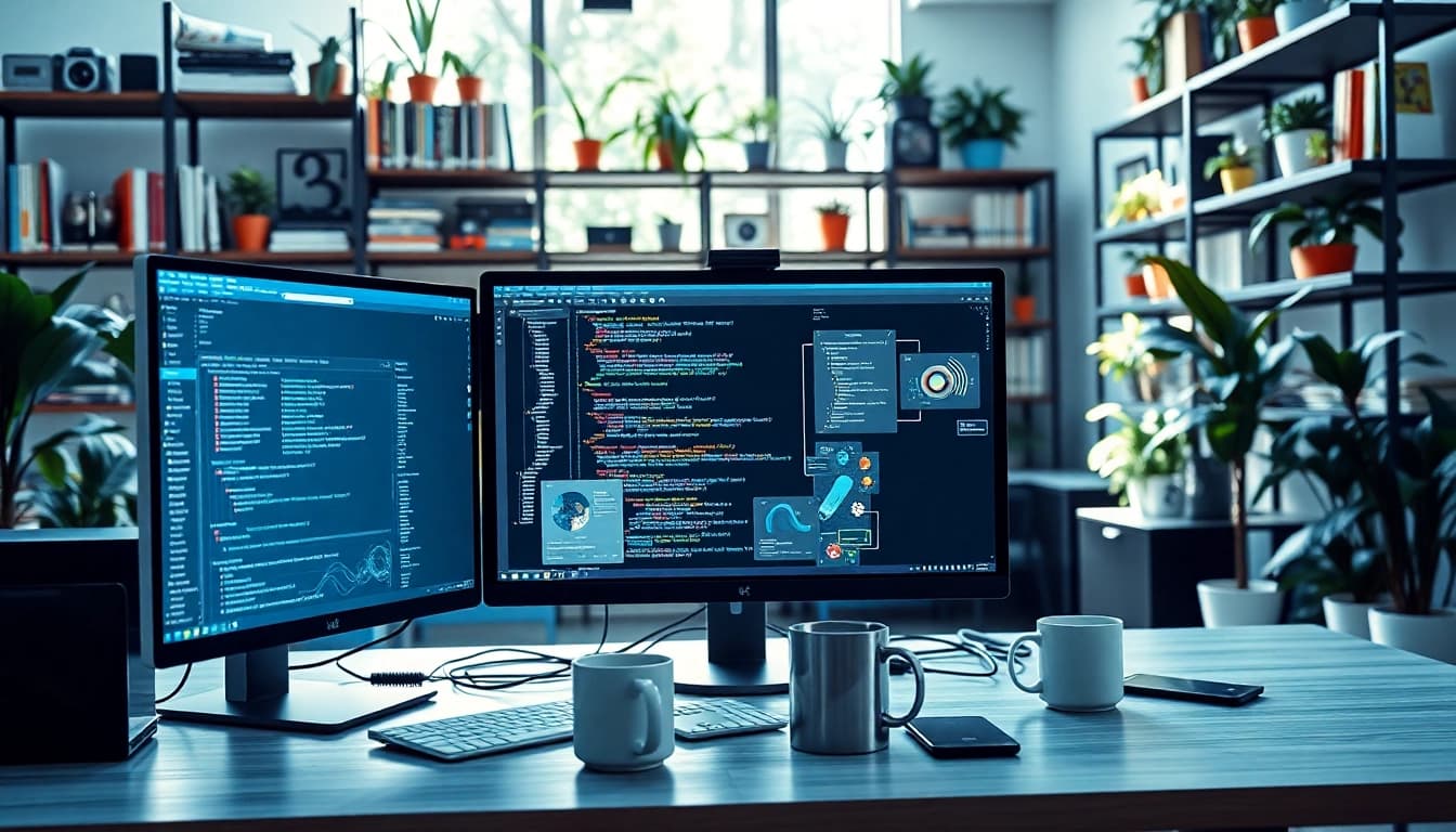 Showcasing technology workspace with monitors and gadgets enhancing productivity.