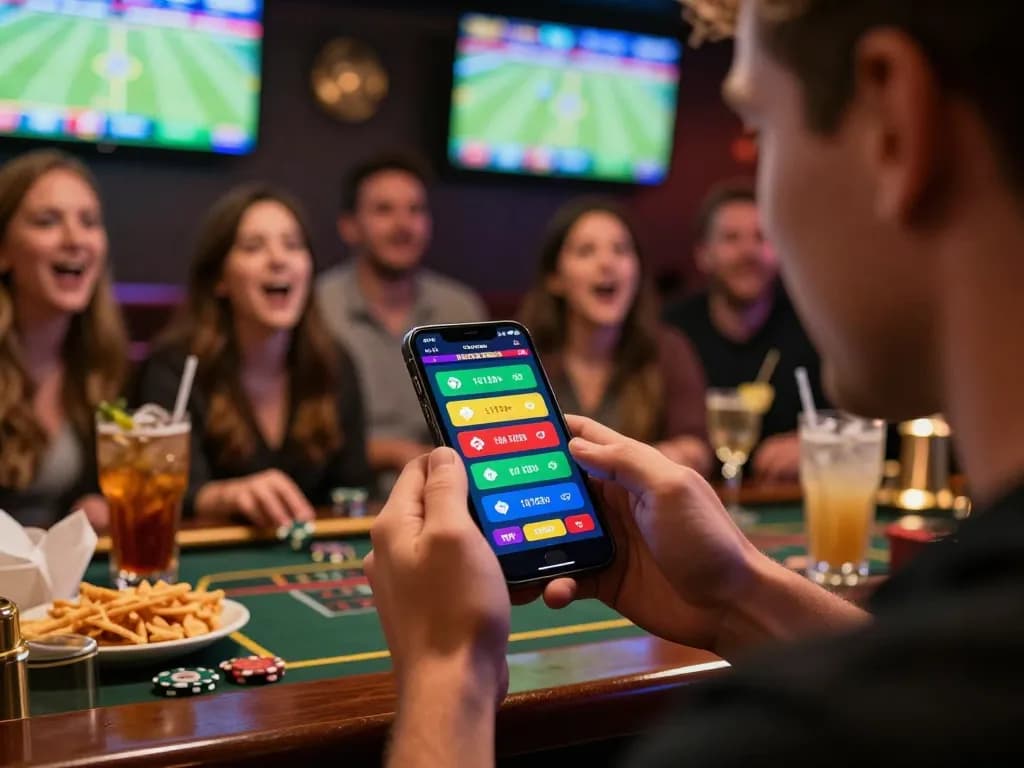 Engaging sports betting with mobile app at online casinos Canada, showcasing live odds and friends enjoying the atmosphere.