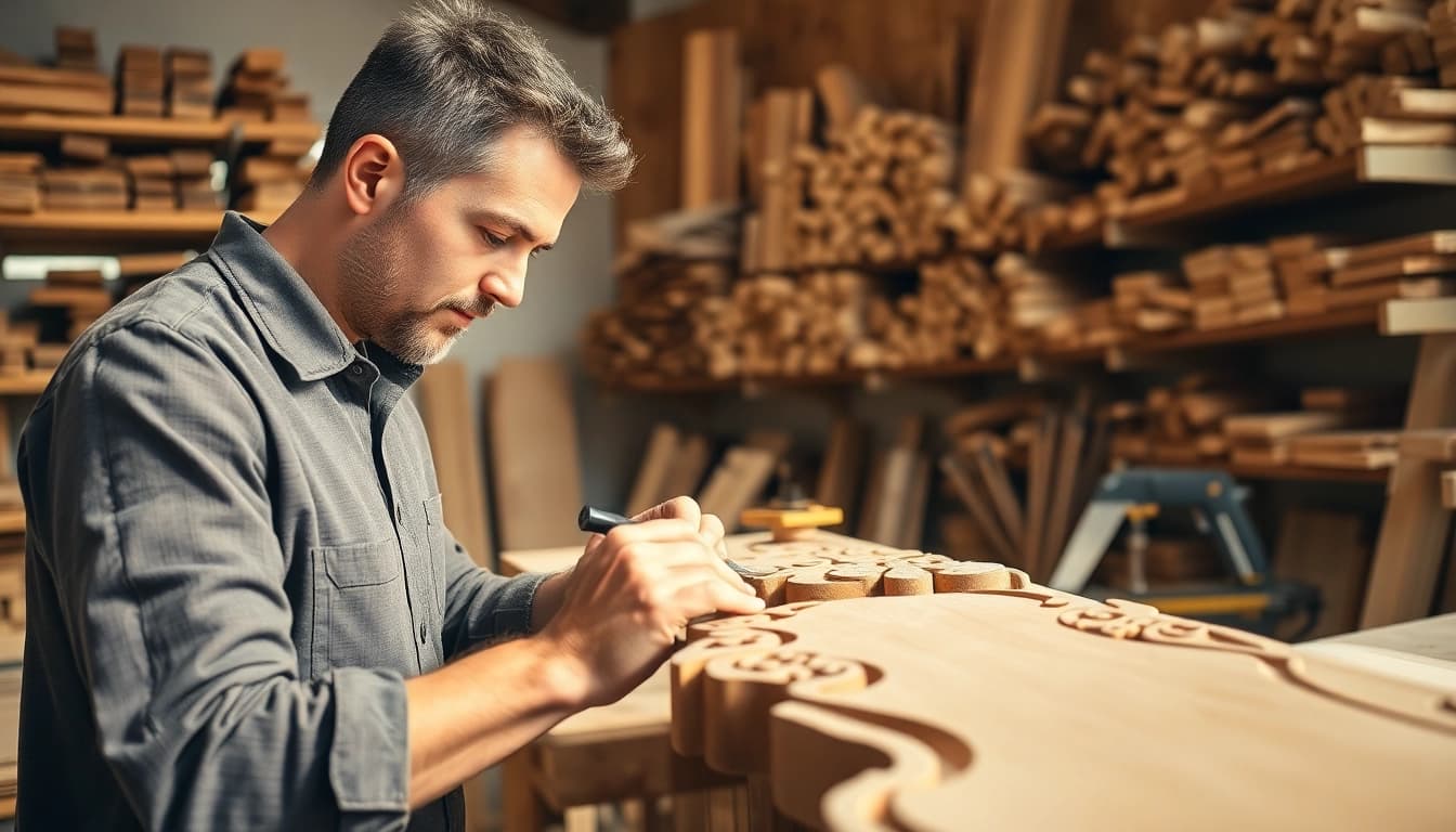 Engaging carpenter demonstrating skills during a carpentry apprenticeship in a well-lit workshop.