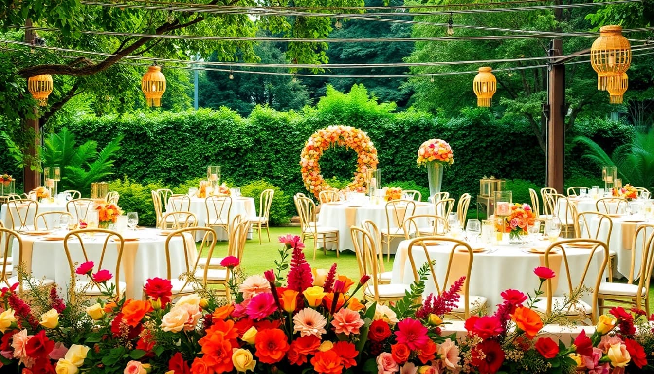 Elegant outdoor Event Rentals setup with floral arrangements and soft lighting.