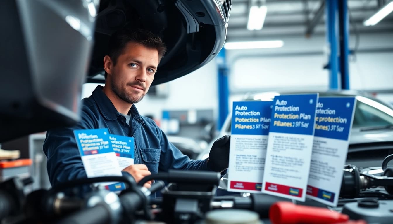 Showcasing an auto protection plan brochure while a technician inspects a vehicle in a clean workshop.