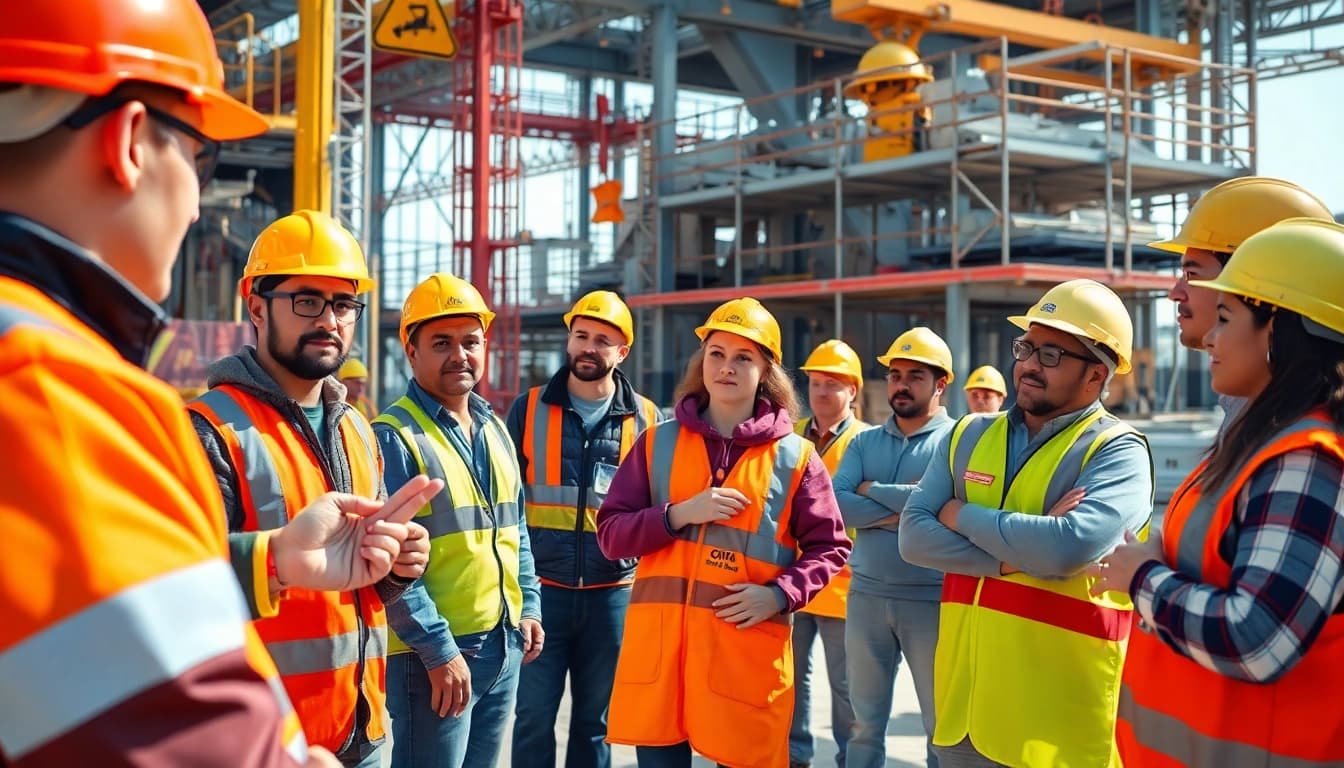 Construction site safety training session with workers learning about safety protocols and equipment.