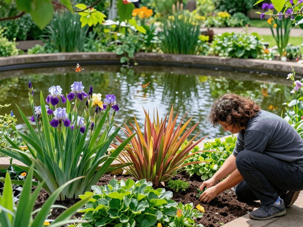 Buy Marginal Pond Plants with vibrant flora enhancing a tranquil garden pond oasis.