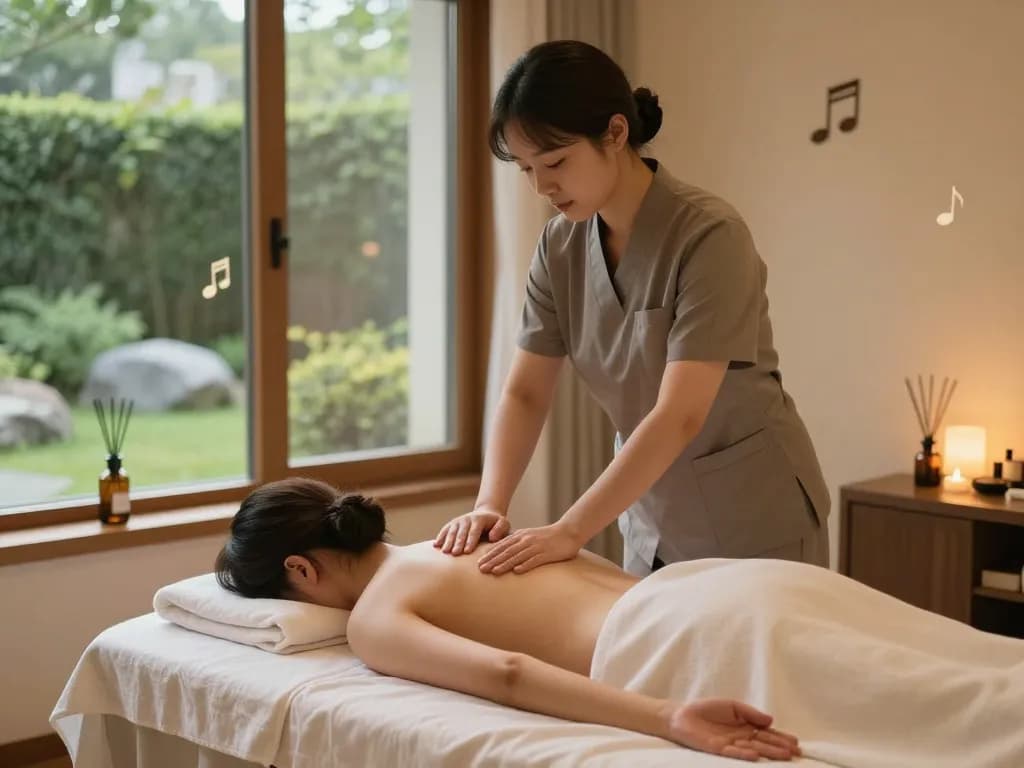 전문 치료사와 함께하는 편안한 강남마사지, 편안한 요소가 있는 고요한 스파 분위기.