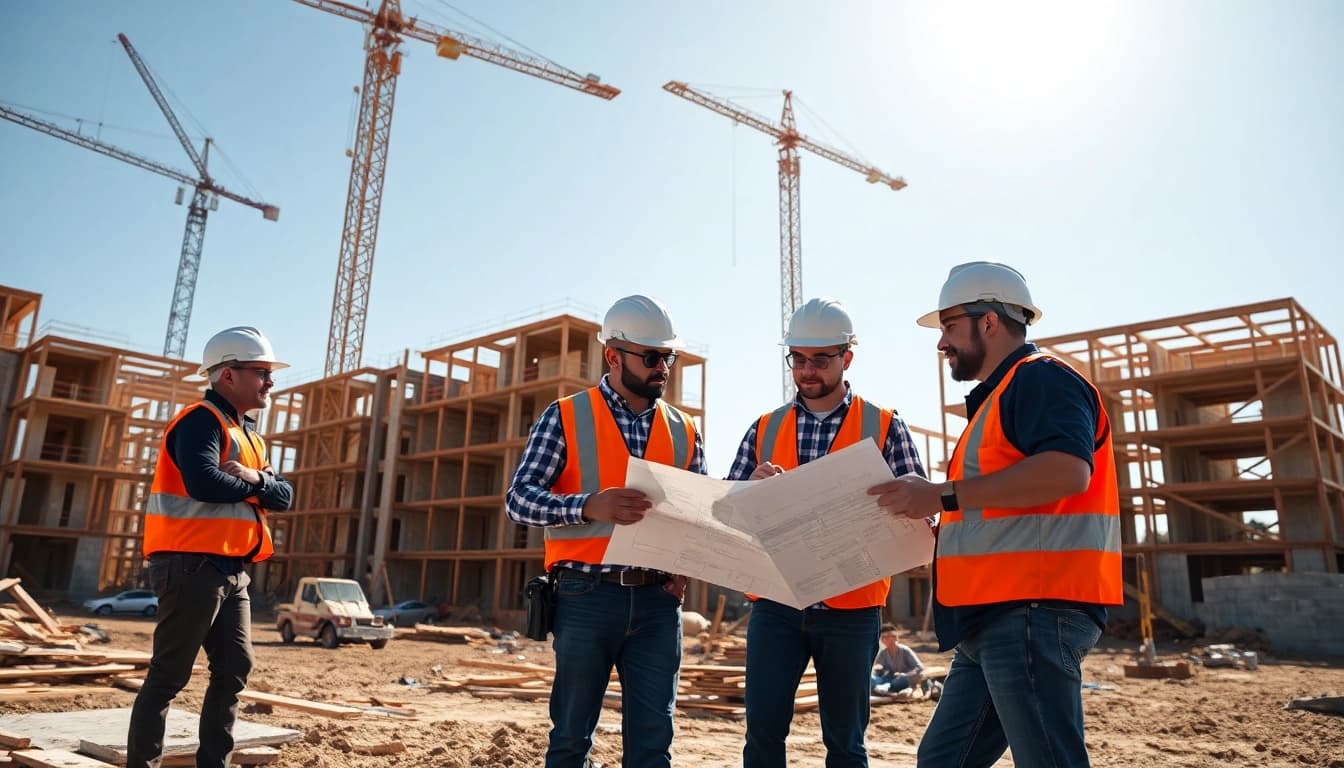 Capture of Carolina construction news, featuring workers in a vibrant building site discussing blueprints.