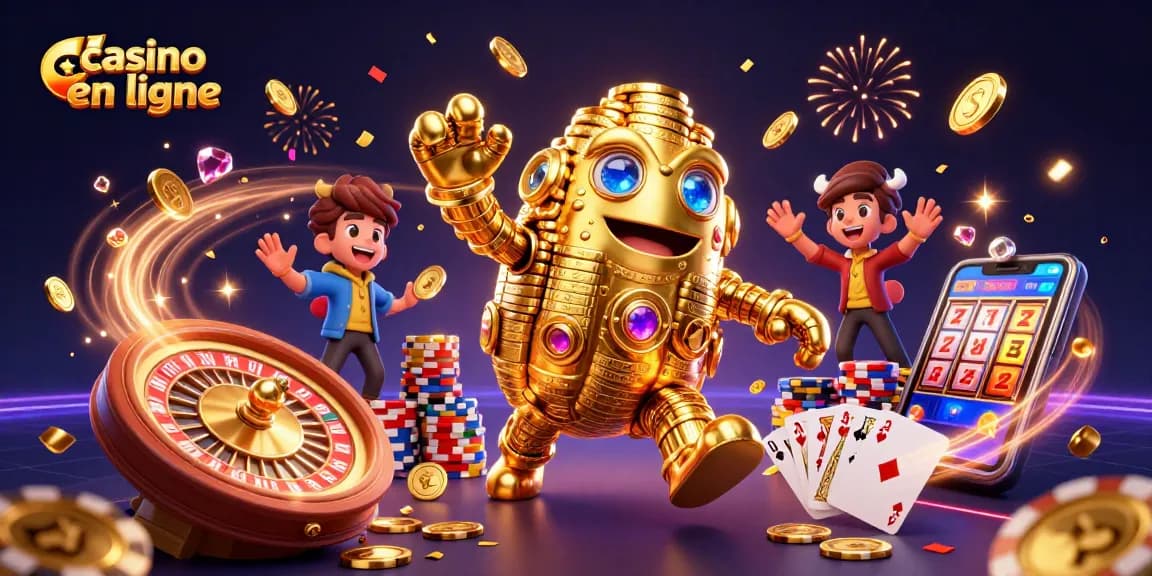 Visualisez l'excitation de notre casino en ligne avec un golem doré vibrant et des éléments de jeux captivants.