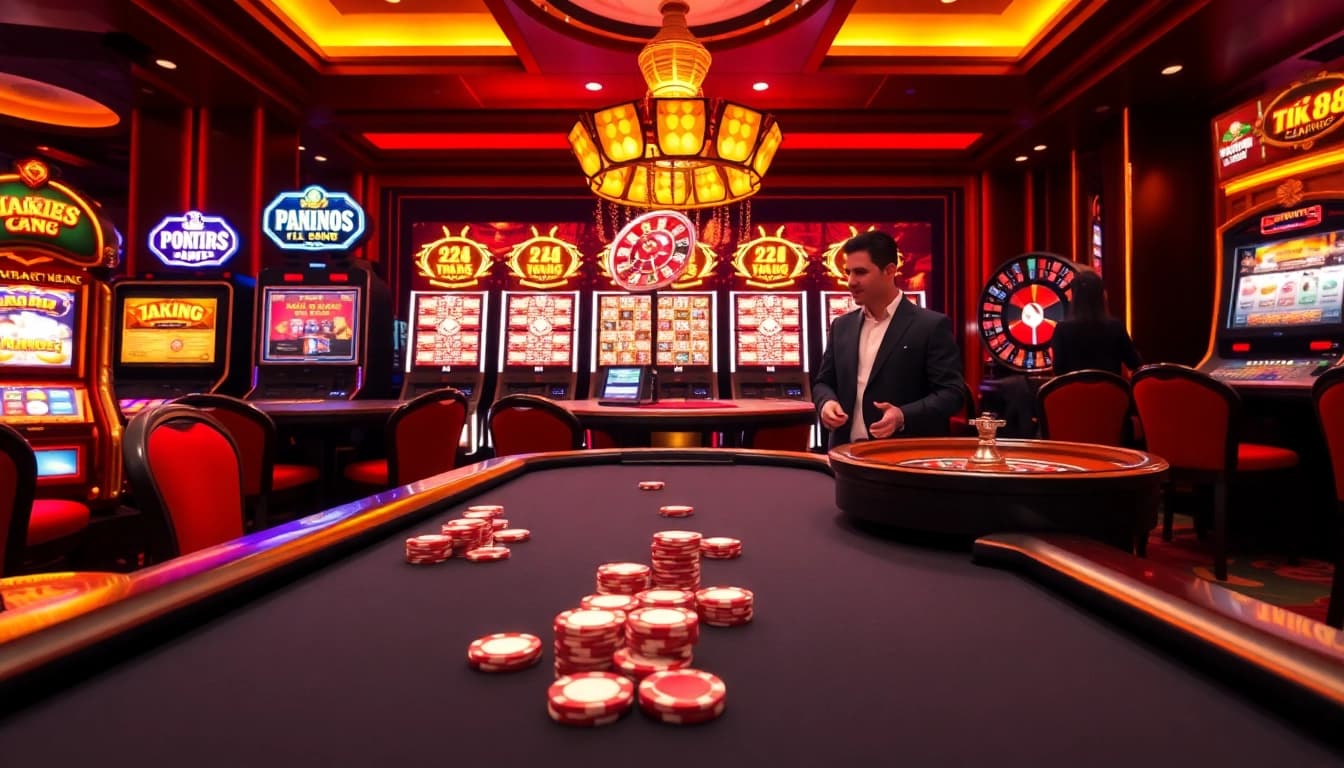 Người chơi tận hưởng sự hứng khởi tại casino tik 88 với chip poker và bàn roulette.