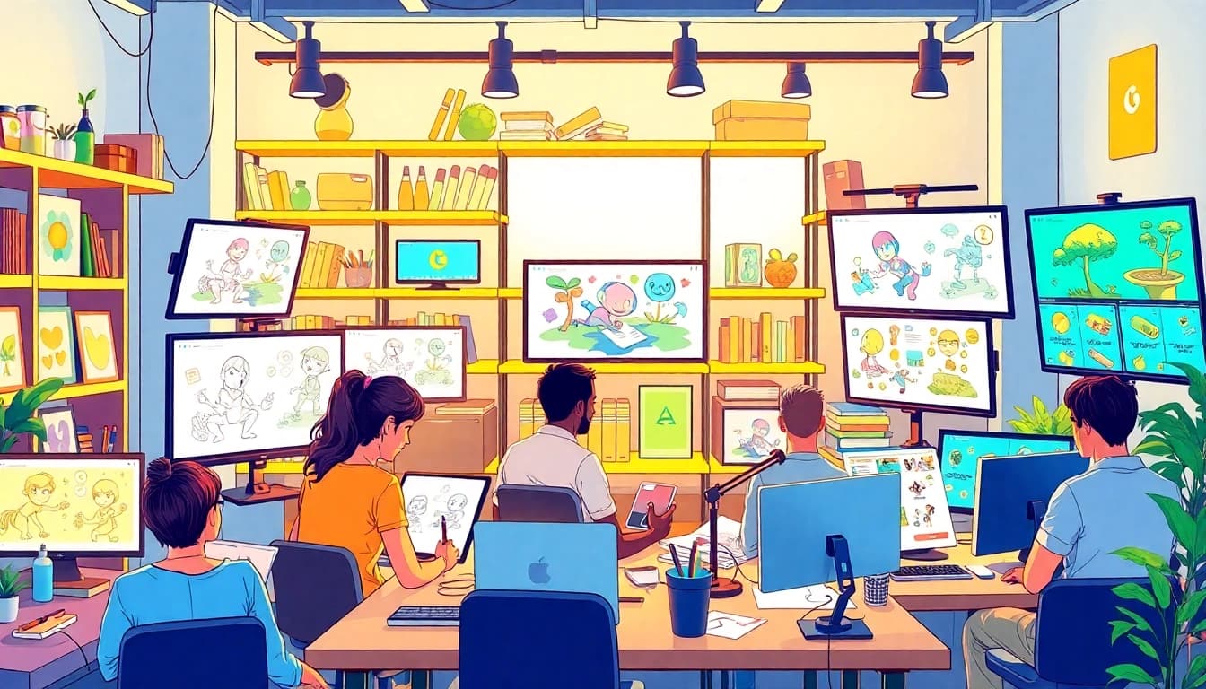 Animationsstudio zeigt kreative Künstler in einem hellen Raum, die an Projekten arbeiten.