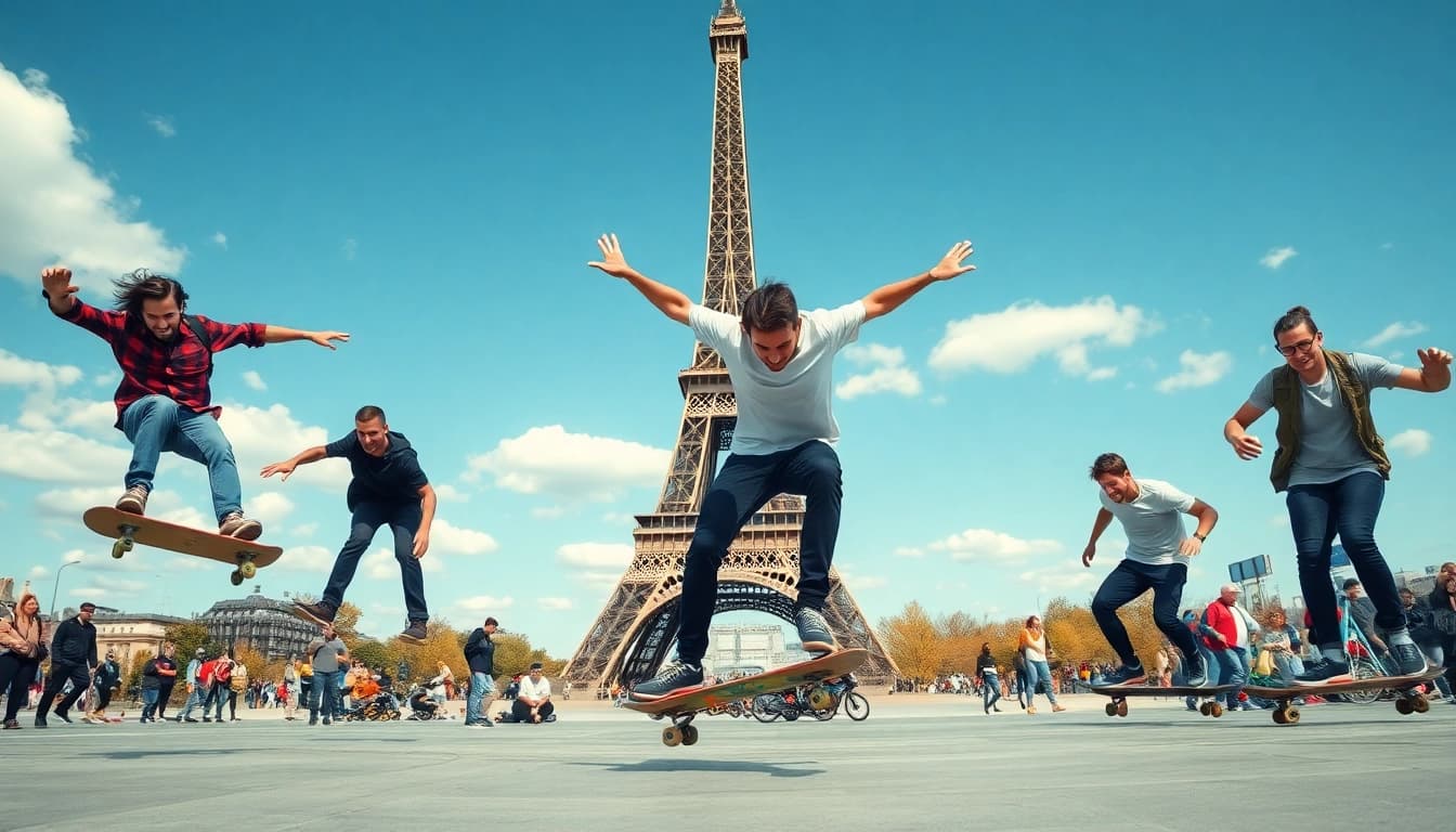Skate class paris with skateboarders showcasing tricks in a lively urban Paris scene.