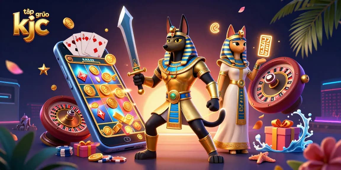 Experience the thrilling offerings of tập đoàn kjc with a vibrant, dynamic casino scene featuring Anubis and Bastet.
