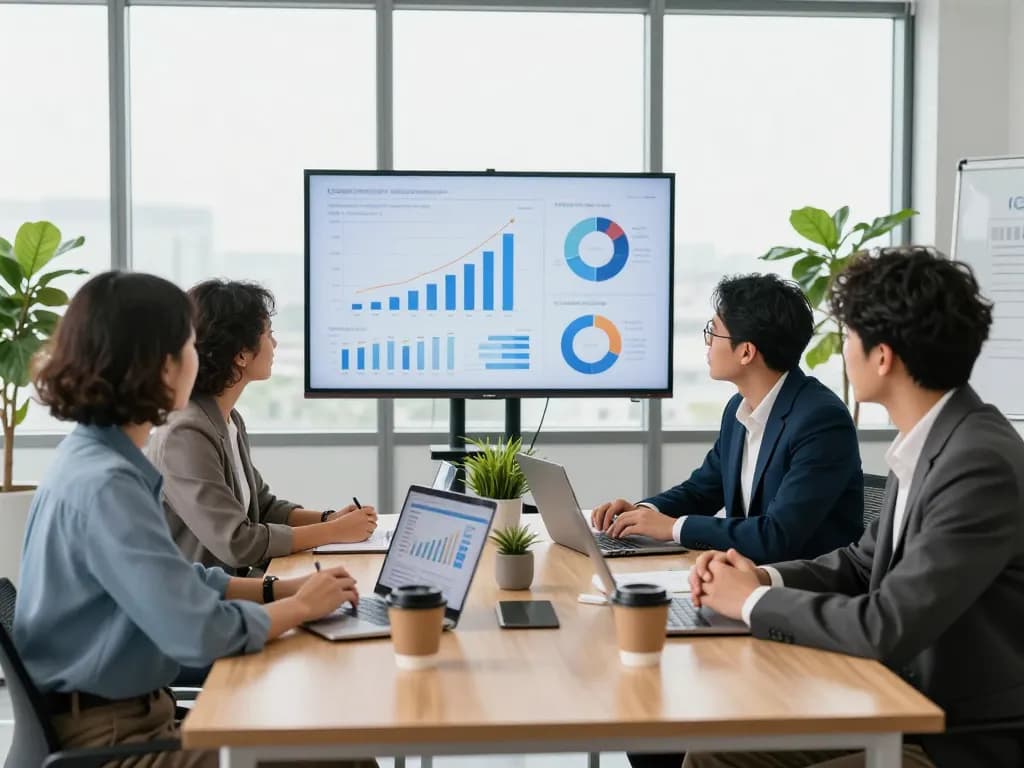 Ezzocards team meeting in a modern office, discussing financial analytics and strategies.