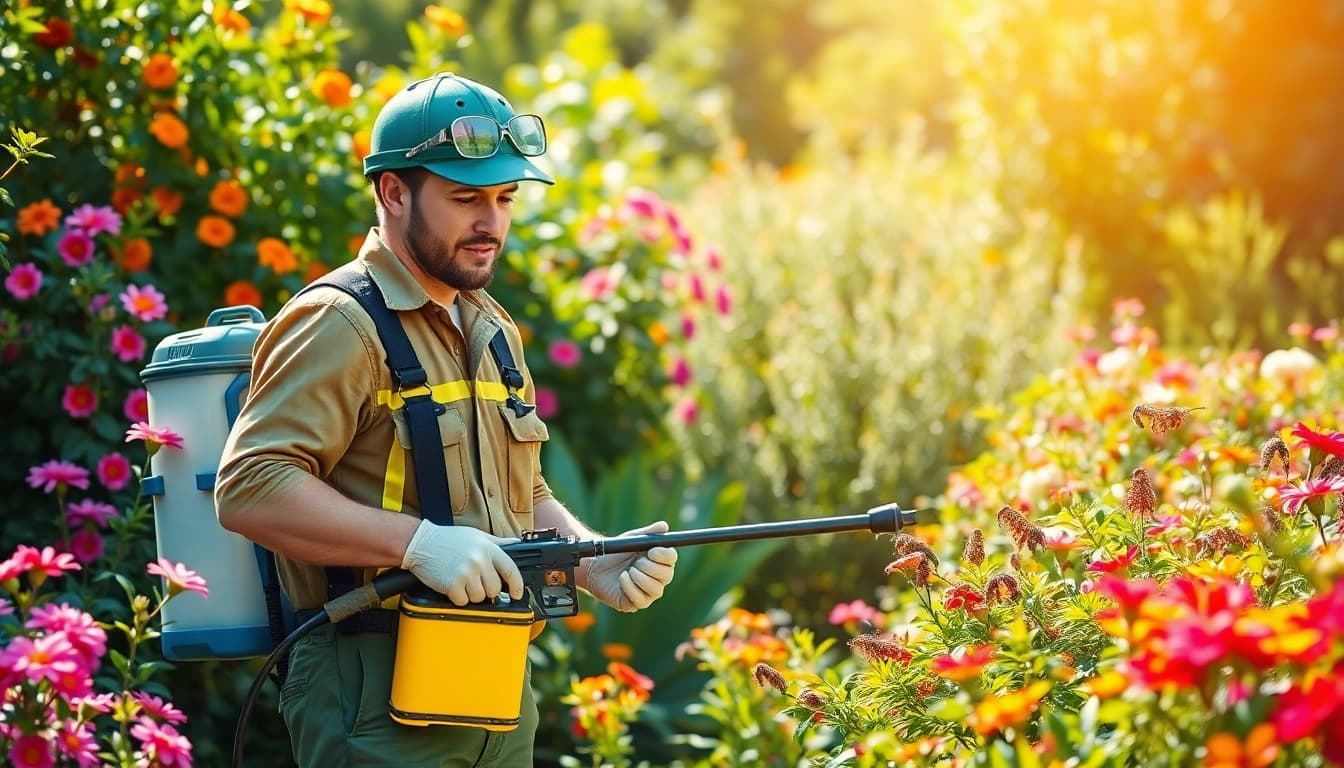 Seasonal bug control expert applying treatments in a vibrant garden setting.
