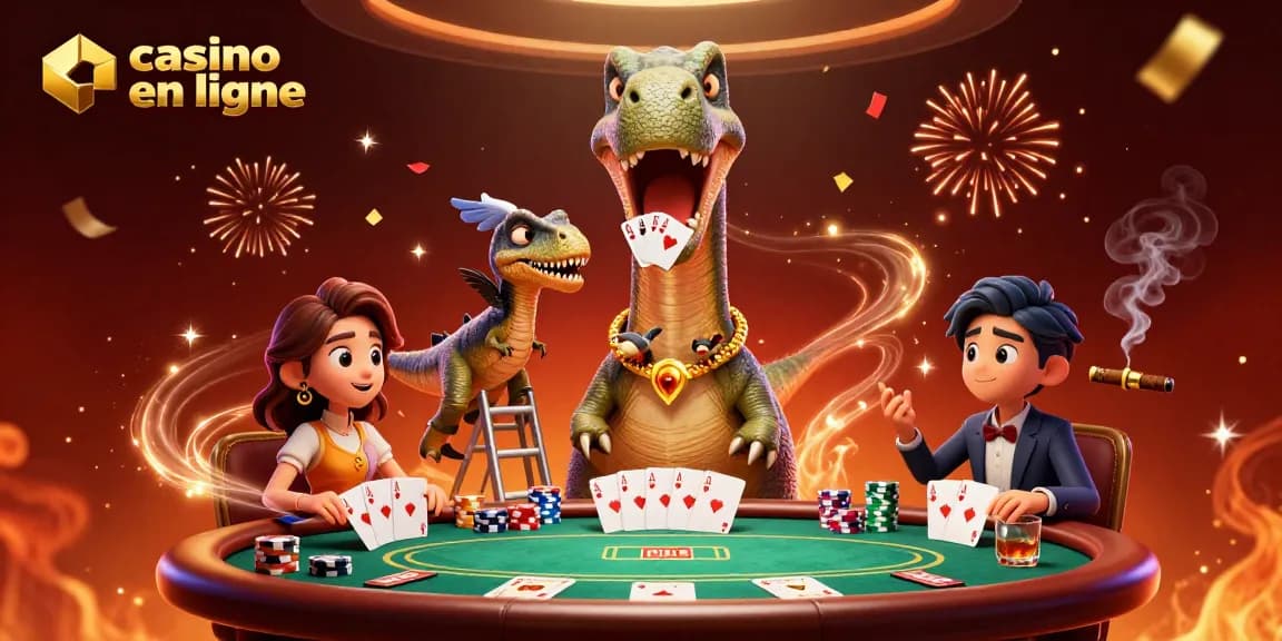 Jouez à casino en ligne avec un brontosaurus au plafond et un raptor distribuant des cartes.