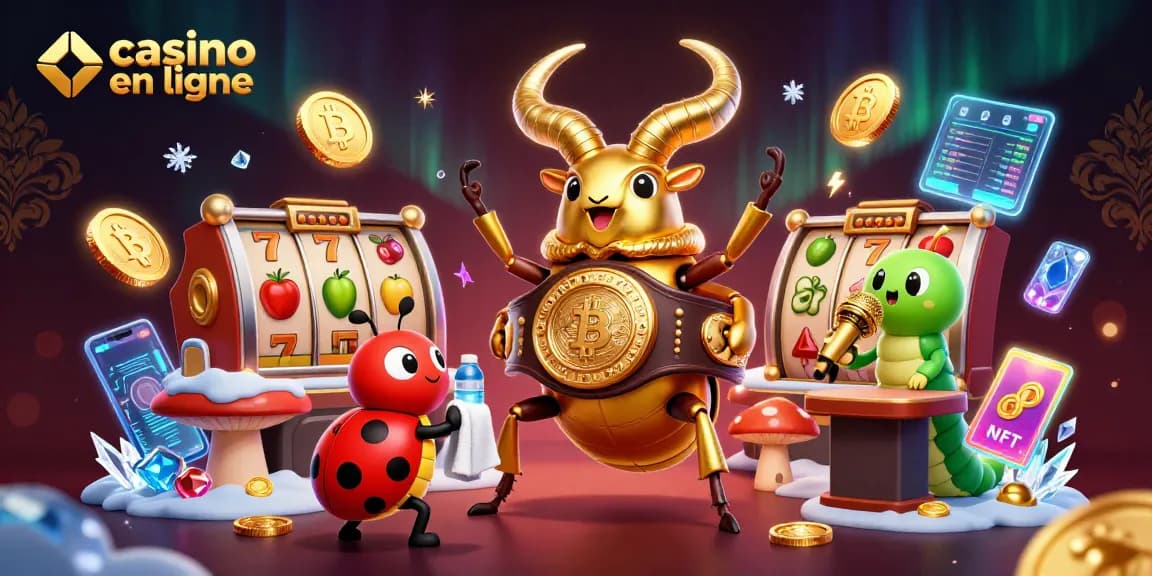 Illustration dynamique d'un combat de casino en ligne avec un scarabée doré et des éléments de jeux.