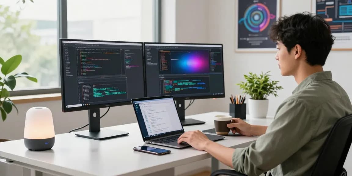 Developer coding in a modern workspace, showcasing WhatsApp下載 integration on devices.