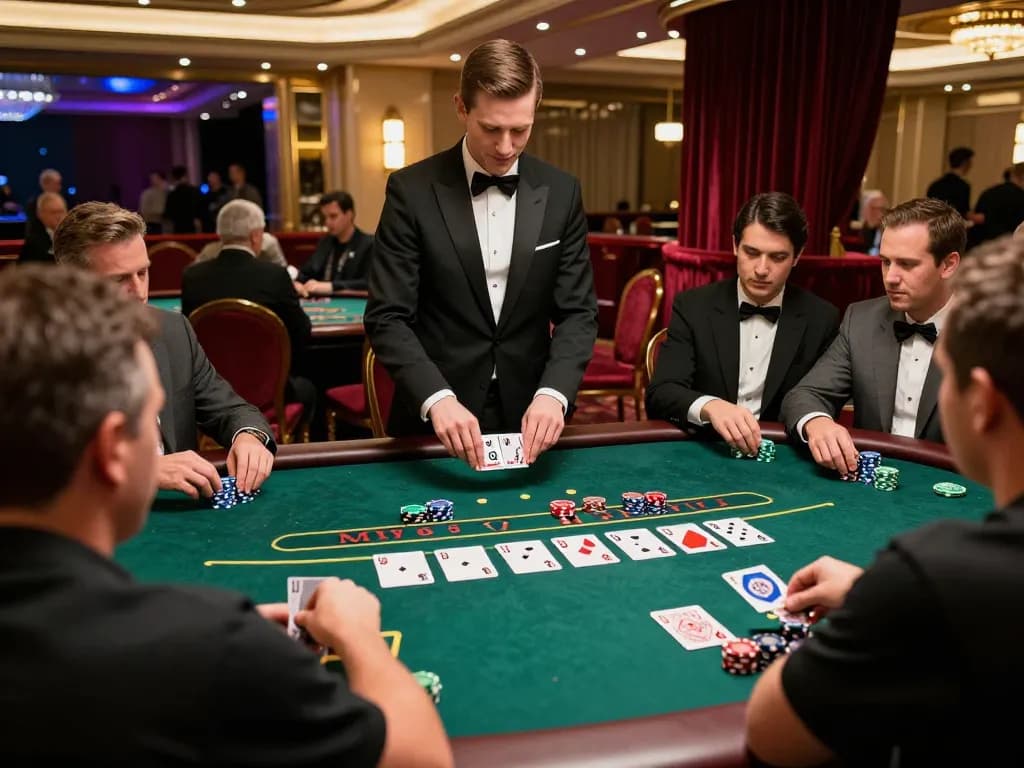 Engaged players strategizing at a blackjack table at 8kbet casino, showcasing intensity and excitement