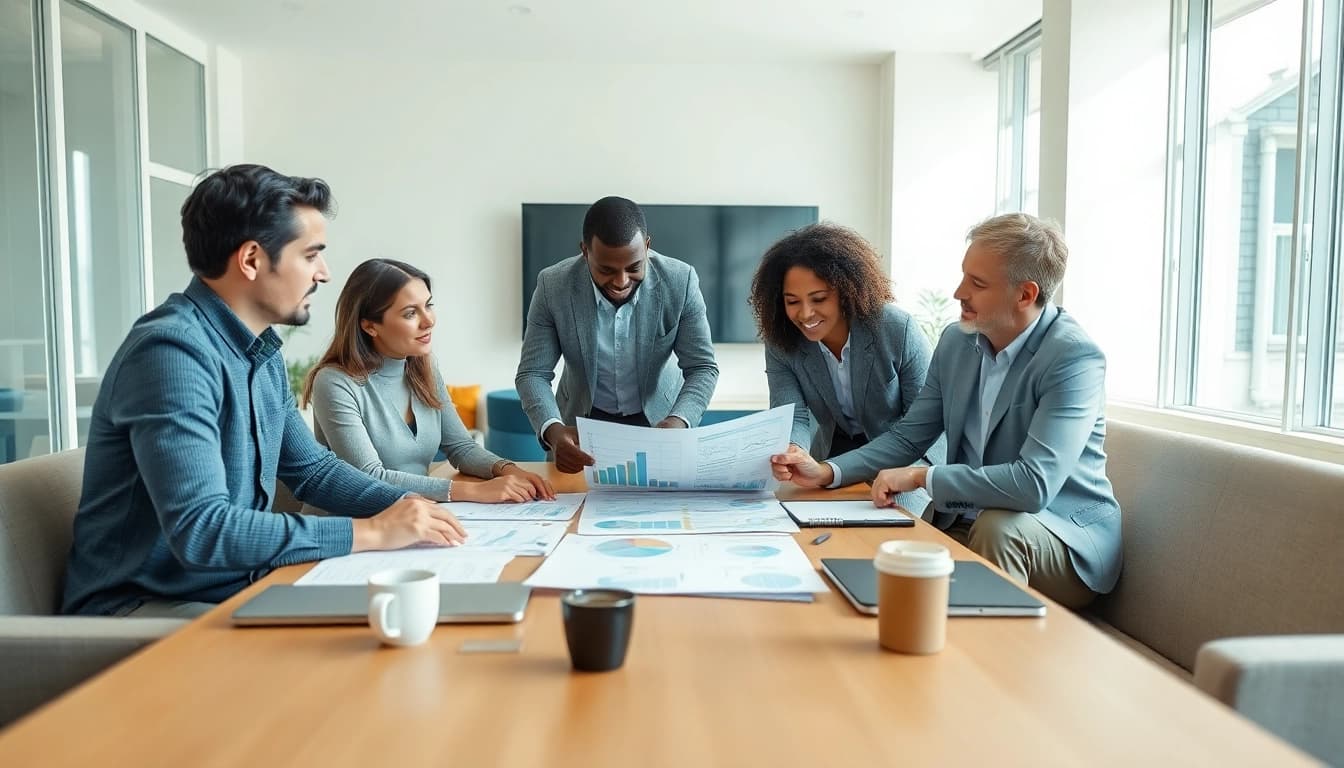 Discussing an auto protection plan in a modern office environment with diverse professionals.