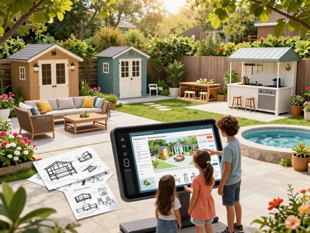 Family using a configuratore 3D outdoor tool to design a beautiful backyard with customizable furniture and garden features.