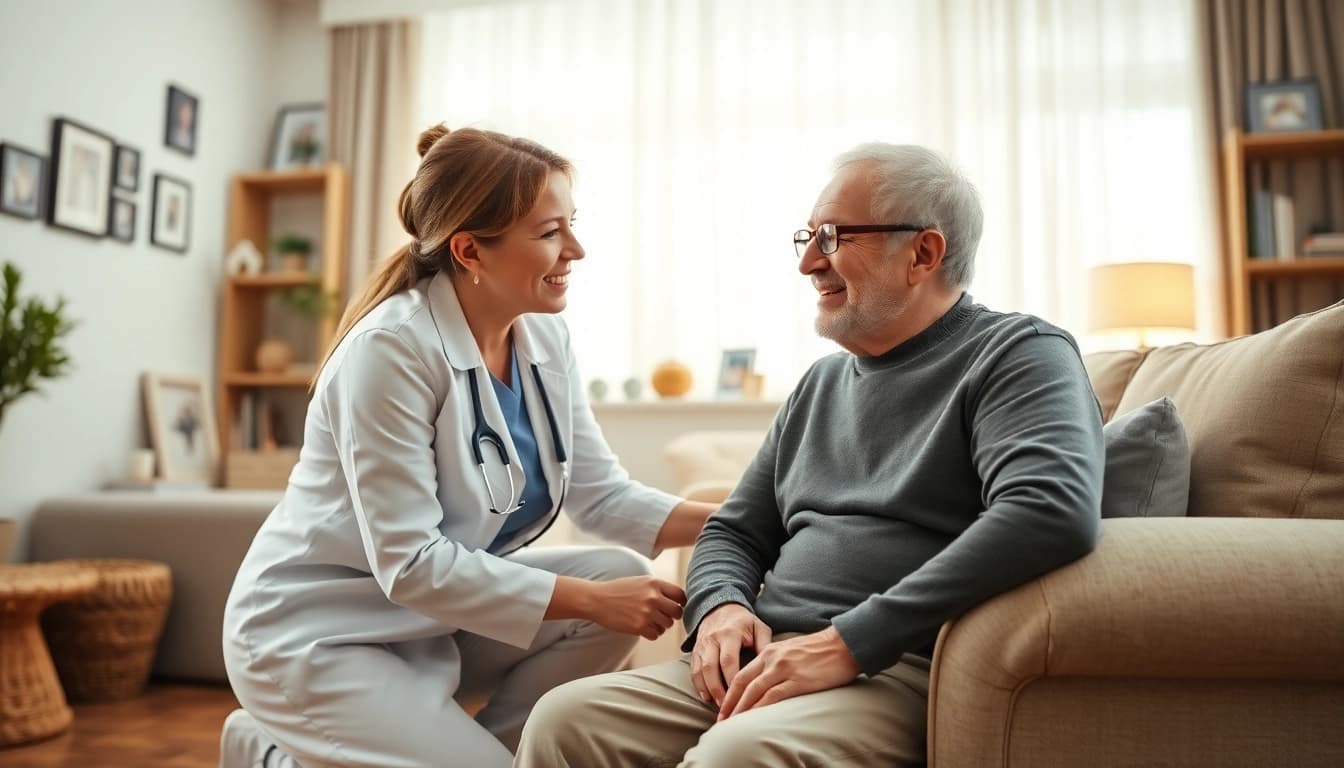 Engaged caregiver providing at home senior care to an elderly man in a cozy living room.