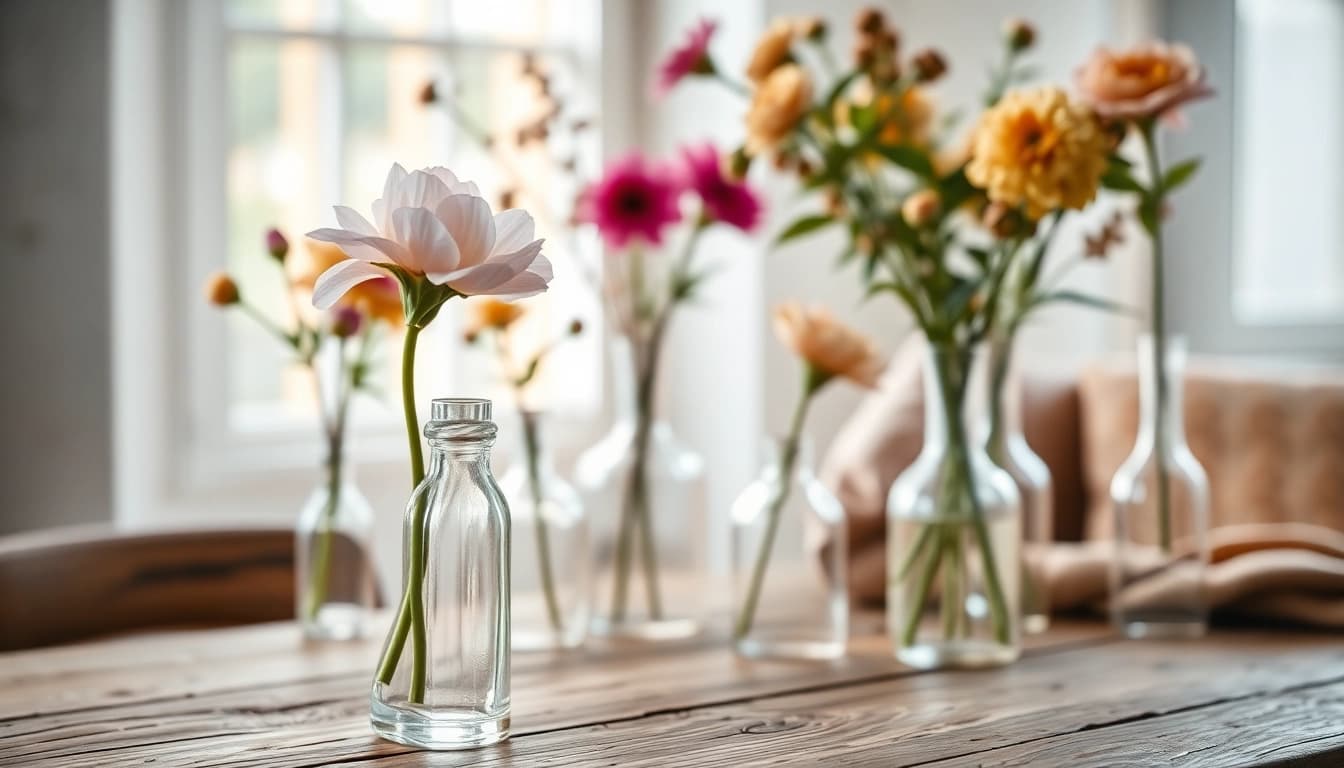 Stunning arrangement of bud vases showcasing floral beauty in a bright, rustic setting.