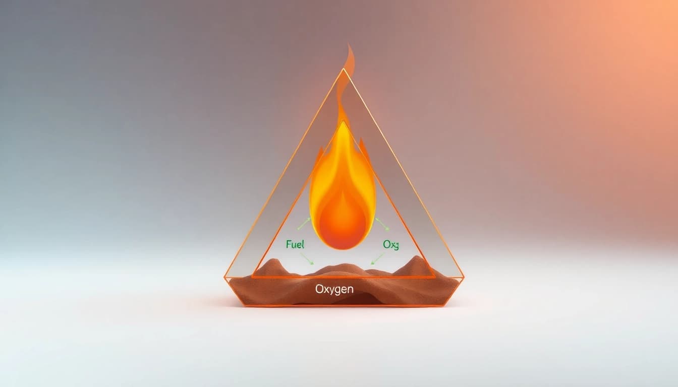 Illustration of fire tetrahedron components highlighting fuel, heat, oxygen, and chemical reaction.