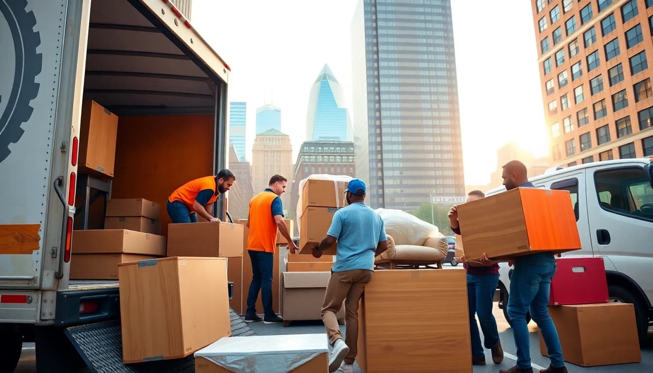 Boston local movers efficiently loading a truck with furniture in a bustling urban environment.