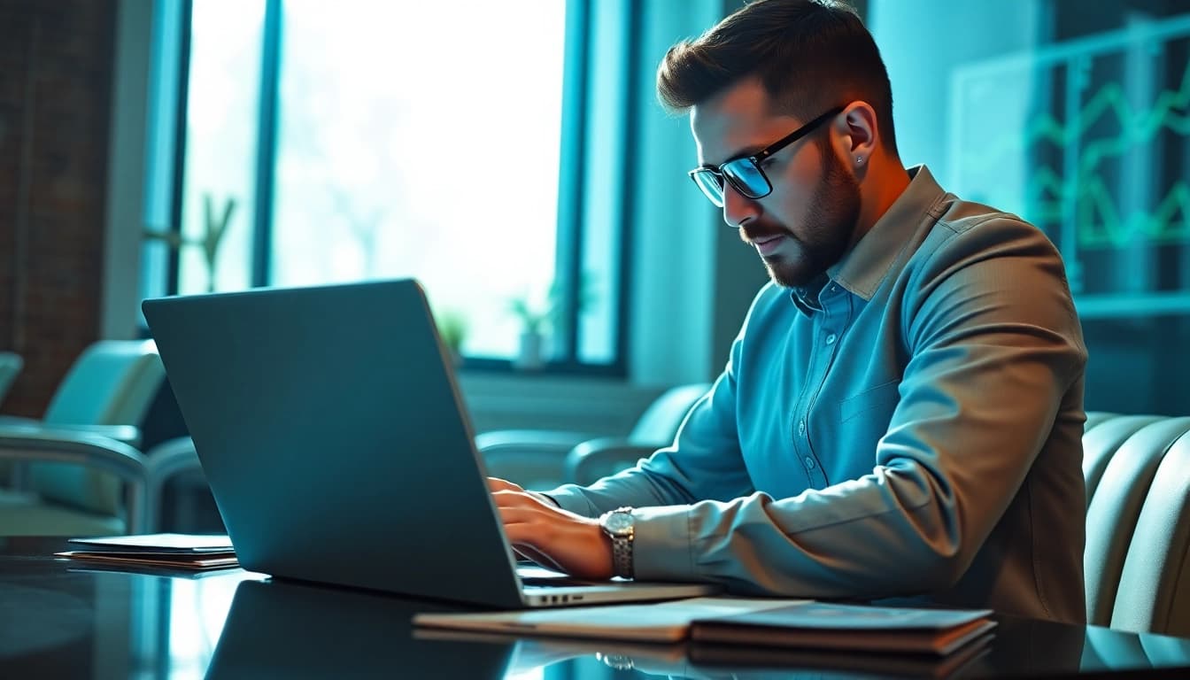 C168 digital marketing insights with a professional analyzing charts in a modern office.