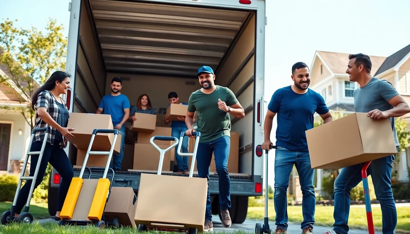 Moving company team efficiently loading boxes into their truck during a residential move.