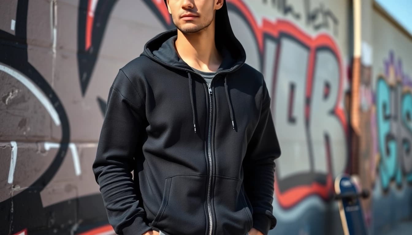 Fashionable individual showcasing a black zip up hoodie against an urban backdrop.