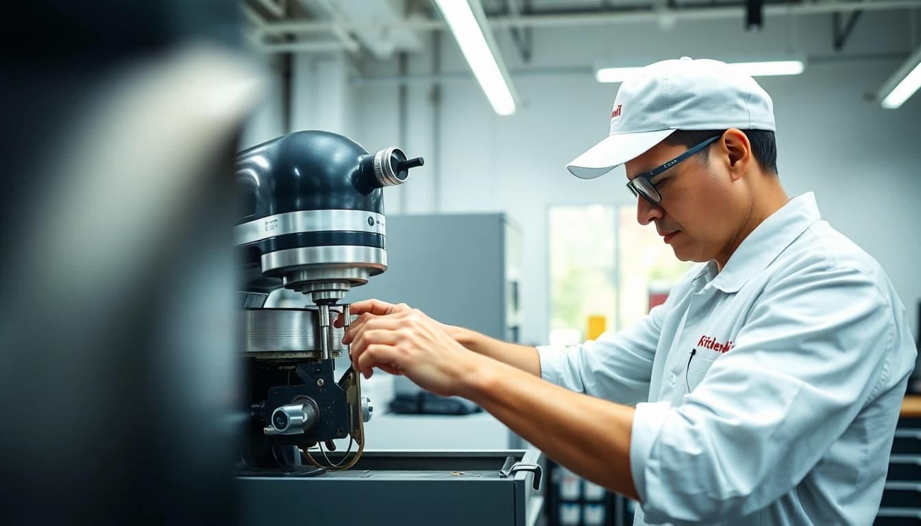 Expert performing kitchenaid appliance repair ottawa in a professional workshop setting.