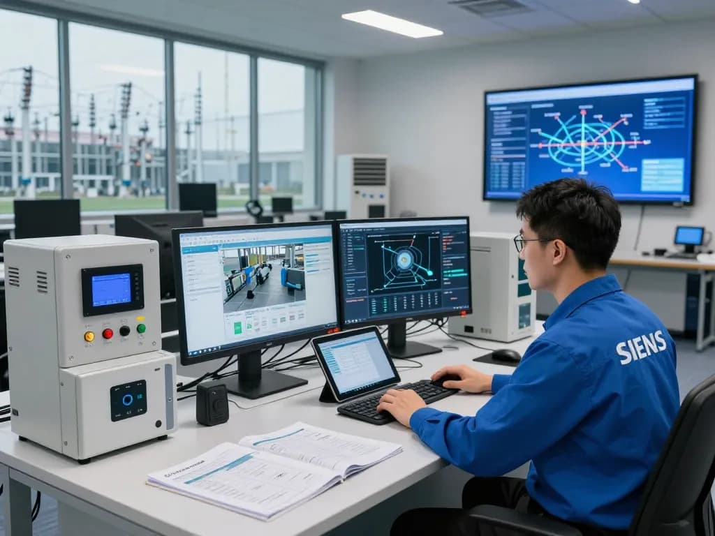 Engineer in Siemens gear analyzing data in a high-tech workspace, showcasing advanced industrial automation technology.