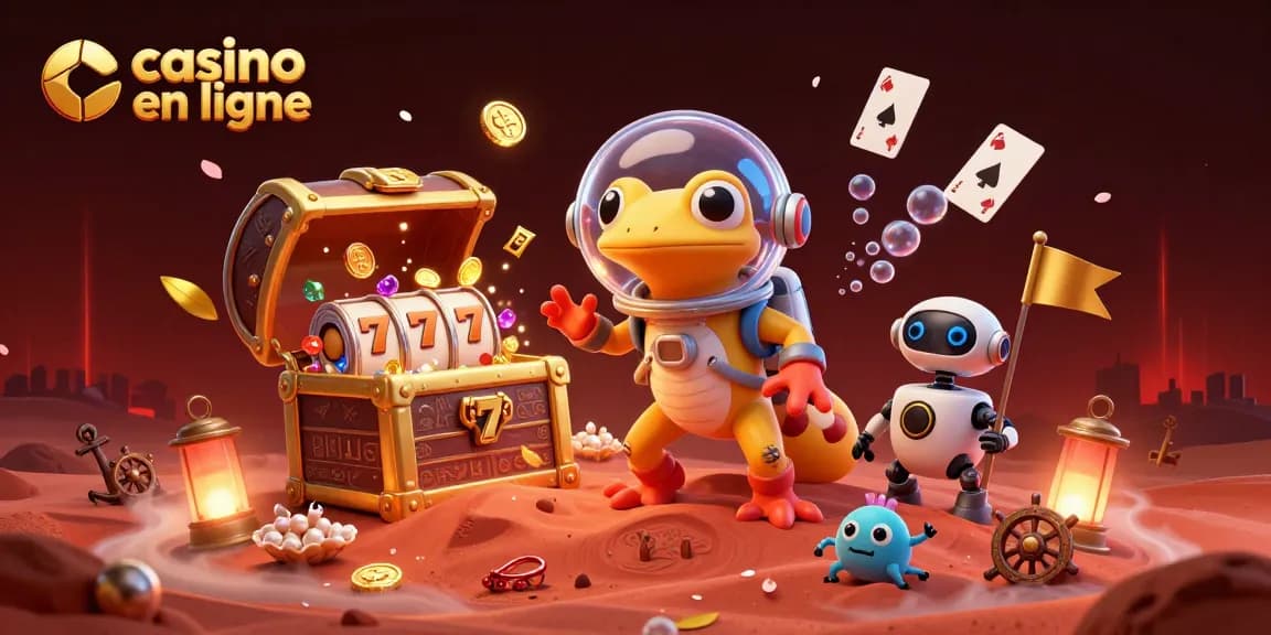 Superbes illustrations de casino en ligne avec un gecko martien et des éléments de jeu animés.