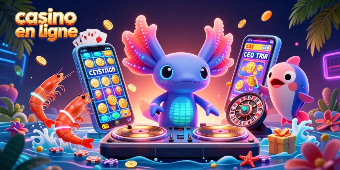 Jouez à casino en ligne en découvrant une illustration 3D animée d'axolotl DJ et ses amis.