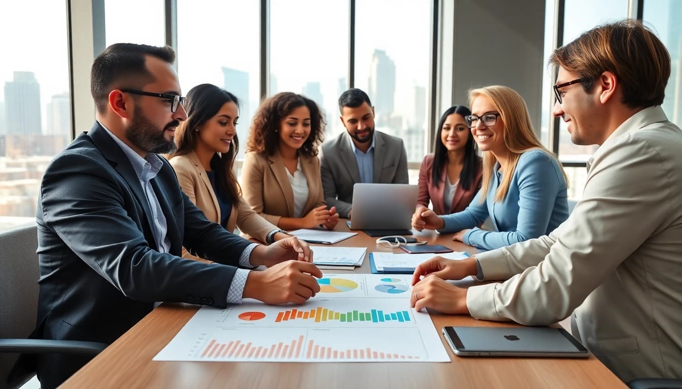 Consultants discussing contracts and grants in a vibrant office environment, enhancing collaboration.