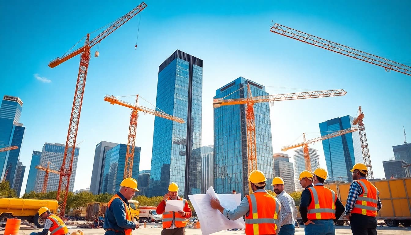Austin construction scene showcasing a diverse team planning a project amidst active construction.