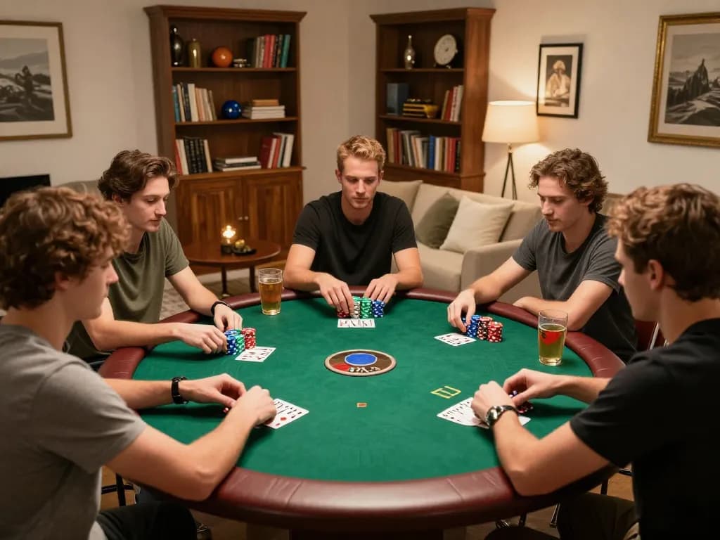 Teman-teman menikmati malam poker yang mendebarkan di rumah sambil menggunakan hoki77 untuk taruhan online
