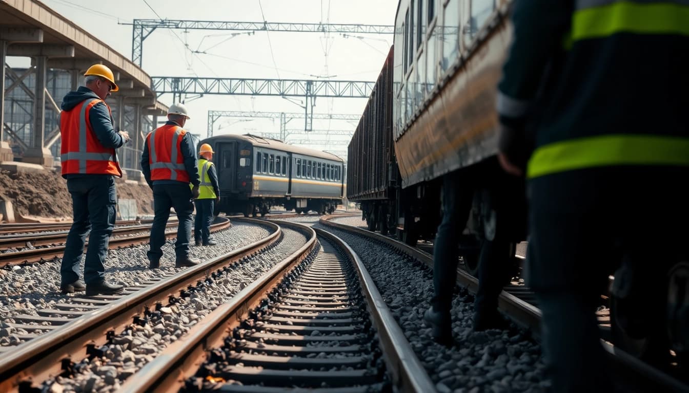 Investigating the cause of a derailment with railway inspectors analyzing track safety.