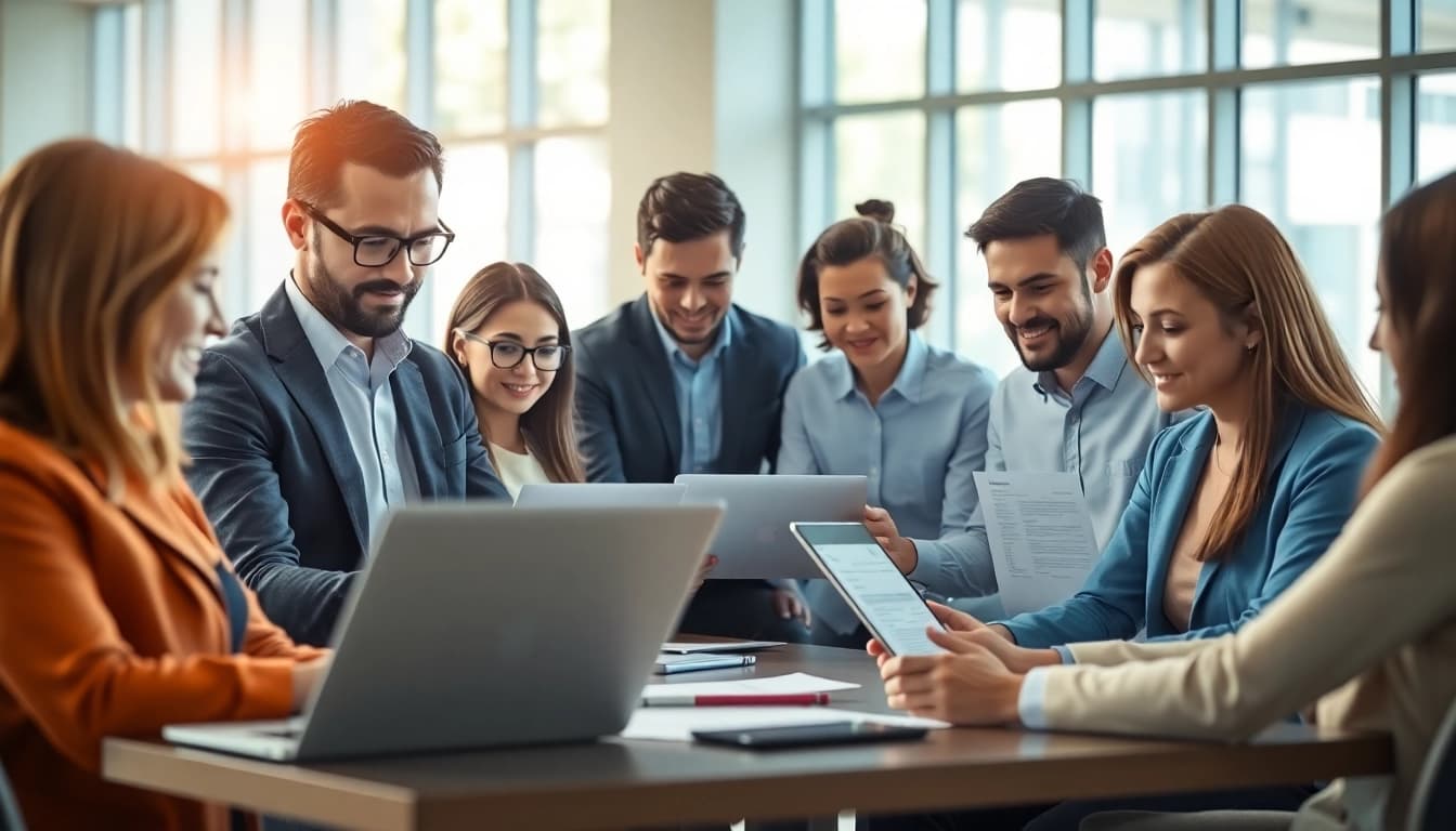 E-filing process showcasing a diverse team collaborating on tax documents in a modern office.