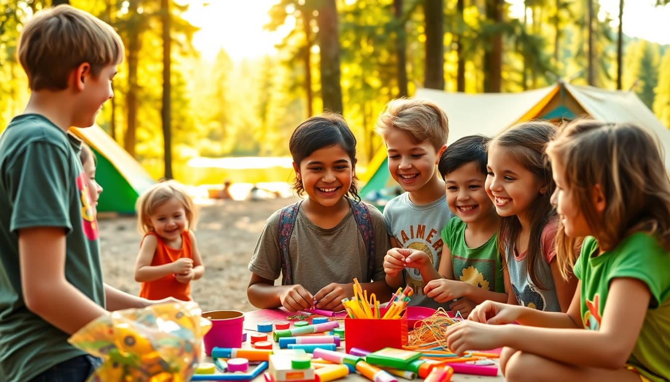 Children creating memories at a coed summer camp with joyful teamwork.
