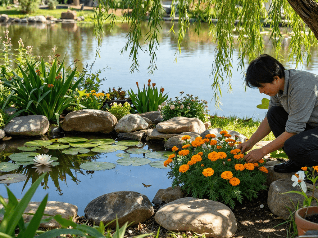 Marginal Pond Plants thriving along a tranquil pond, with a gardener tending to vibrant flora in a serene garden setting.