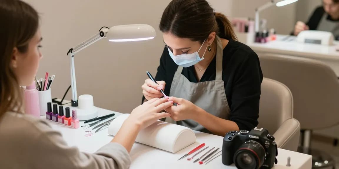 Tehnician profesionist de unghii folosind o lampa UV LED unghii pentru aplicarea ojei gel într-un salon de frumusețe modern.