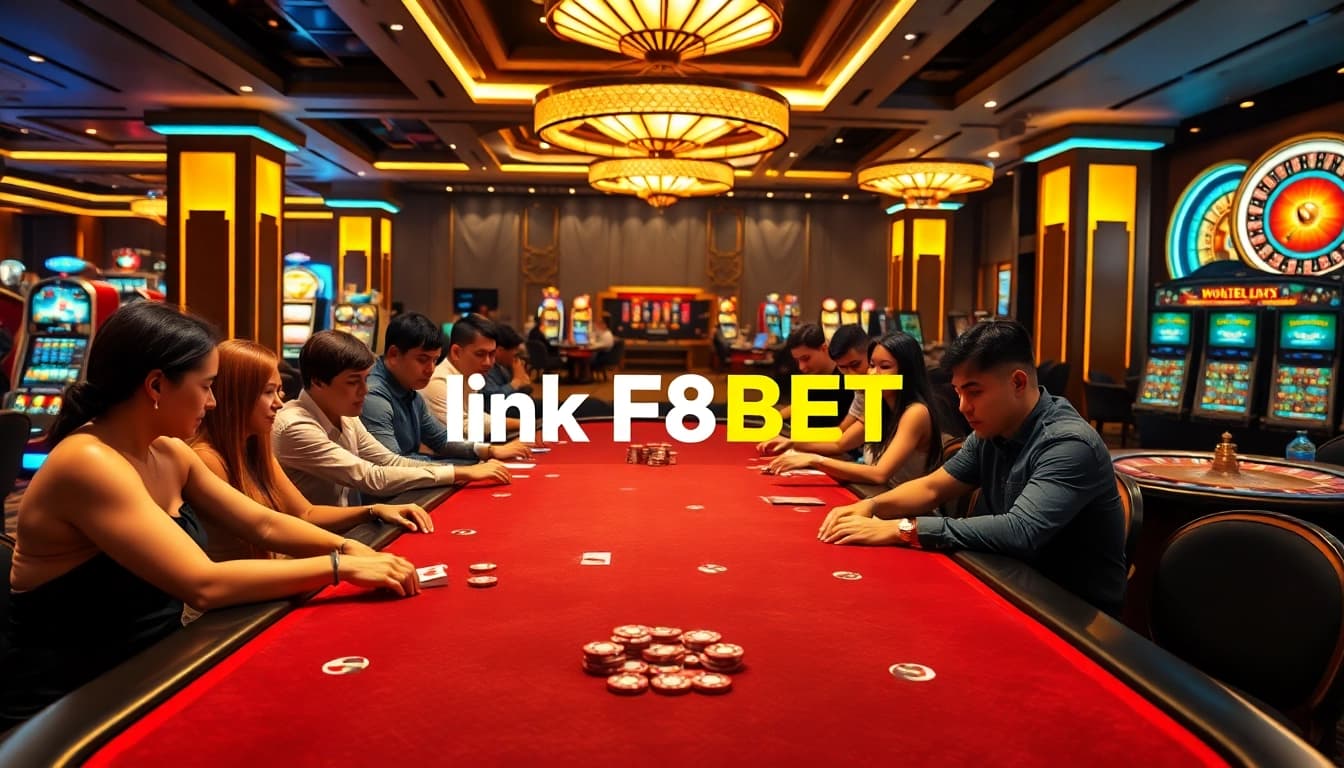 Engage with thrilling gameplay using the Link F8BET in a luxurious casino setting with vibrant colors.