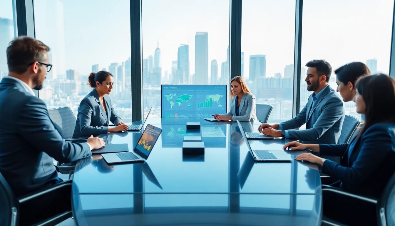 Business professionals utilizing AI for competitive intelligence in a modern office setting.