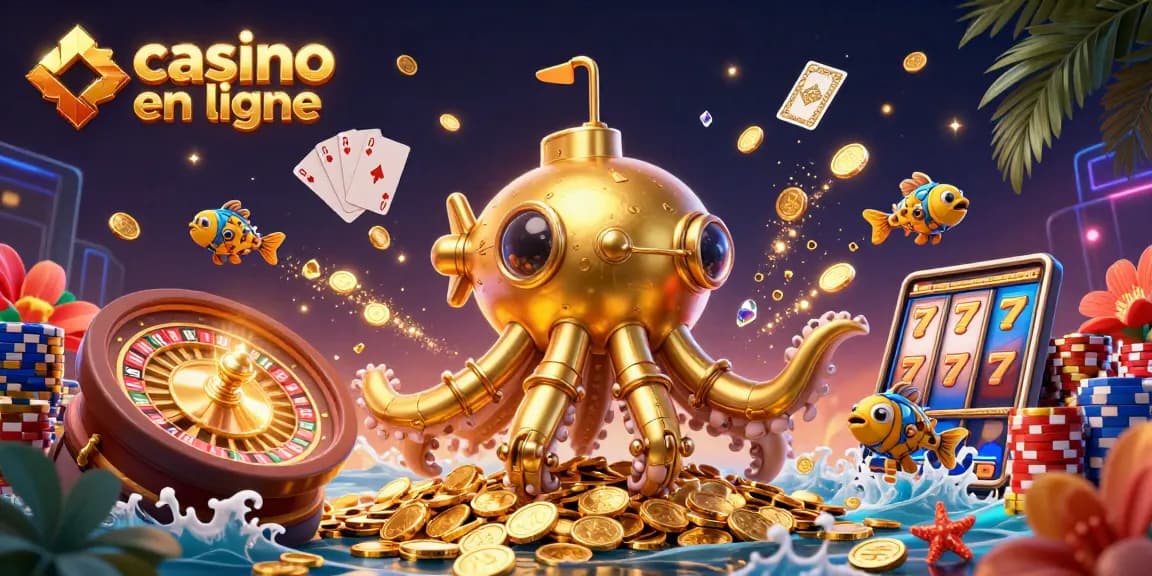 Accumulez des gains sur casino en ligne avec un kraken doré et des poissons mécaniques entourés de trésors.