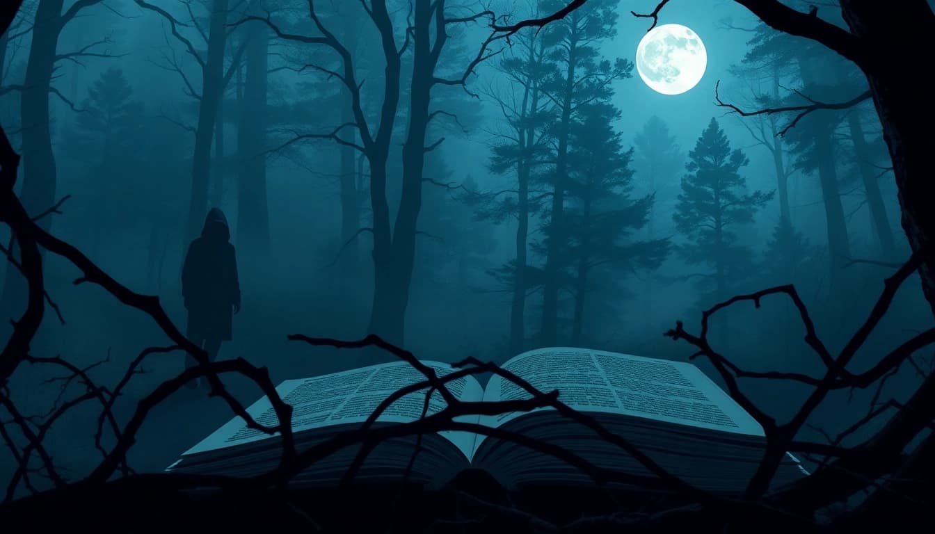 Engaging thriller book cover showcasing a shadowy figure in a mysterious forest, evoking suspense.