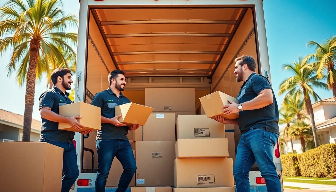 San Diego Moving Company team loading boxes into a truck in a sunny neighborhood.