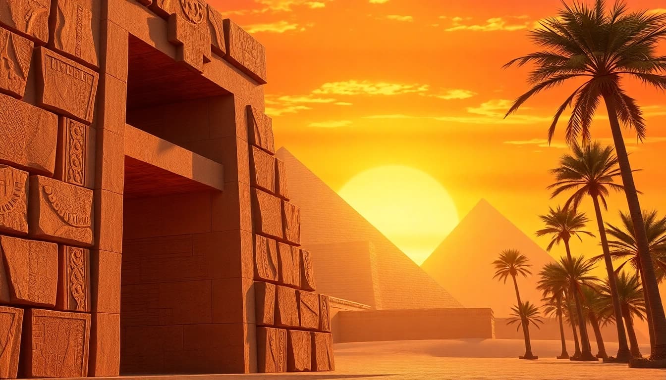 Explore captivating ancient piraminds standing majestically against a vibrant sunset backdrop.