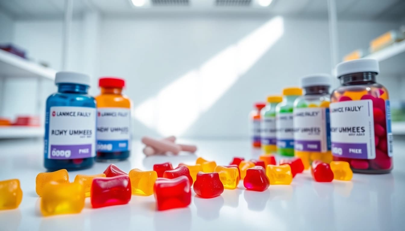 Showcasing gummy private label gummy supplements in an elegant laboratory setting.
