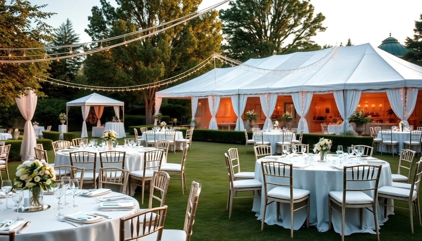 Stunning outdoor event rentals setup showcasing elegant tents and dining area.
