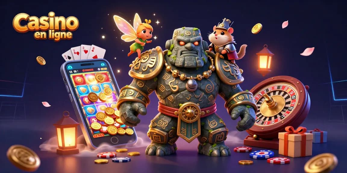 Illustration dynamique de casino en ligne avec un golem et un hamster chevalier